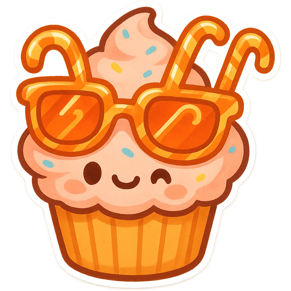 A cupcake with neon orange sunglasses shaped like sugar canes, playful and vibrant, focus on the sunglasses as the main feature, cute chibi stickers style, bright and colorful emoji