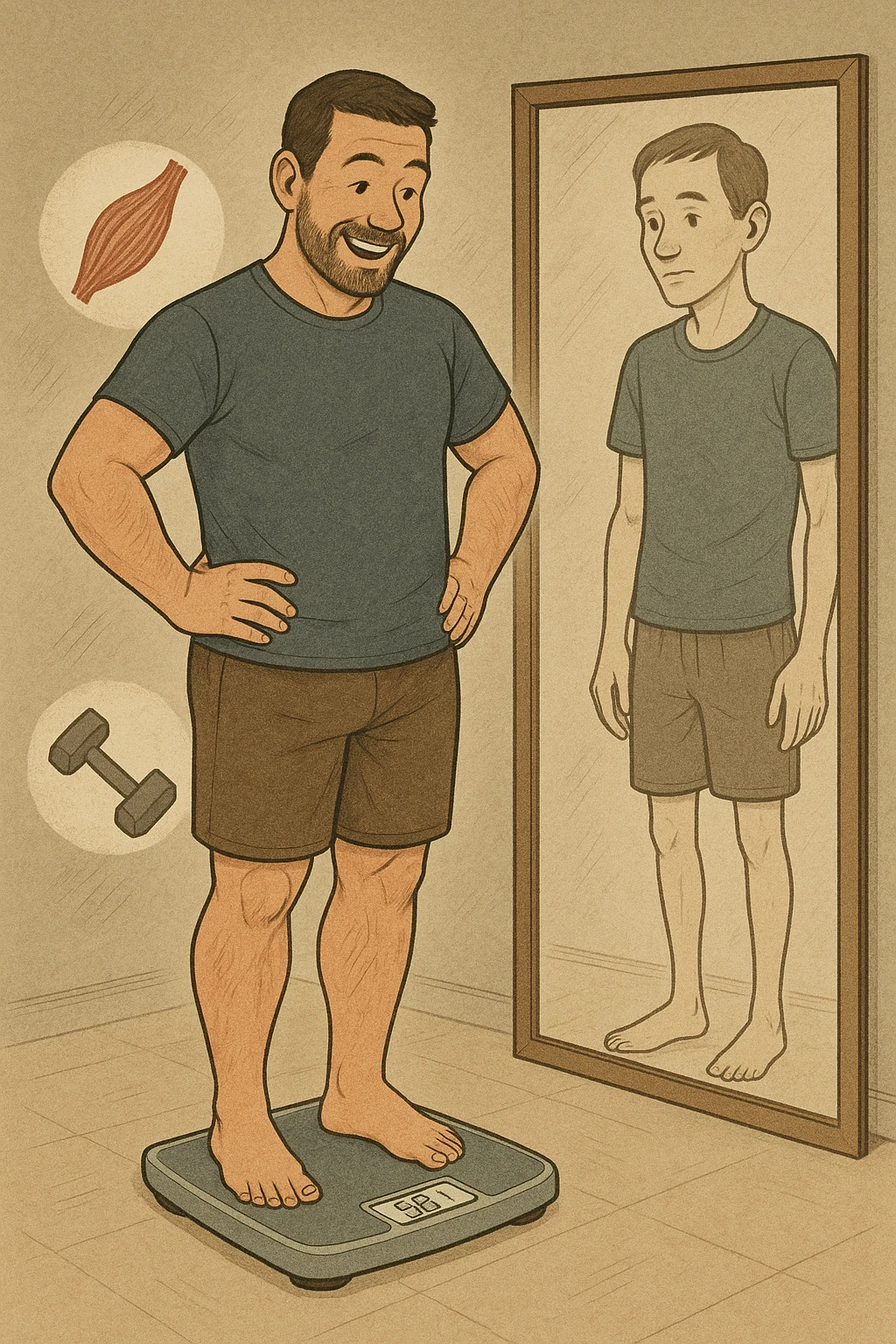 a man stands on a scale, smiling at the lower number, but his reflection in a nearby mirror shows a thinner, but also visibly weaker and less muscular body. Around him, floating icons or faded images of muscle fibers and dumbbells highlight the overlooked loss of muscle mass. The mood is cautionary and educational. in italiano emoji