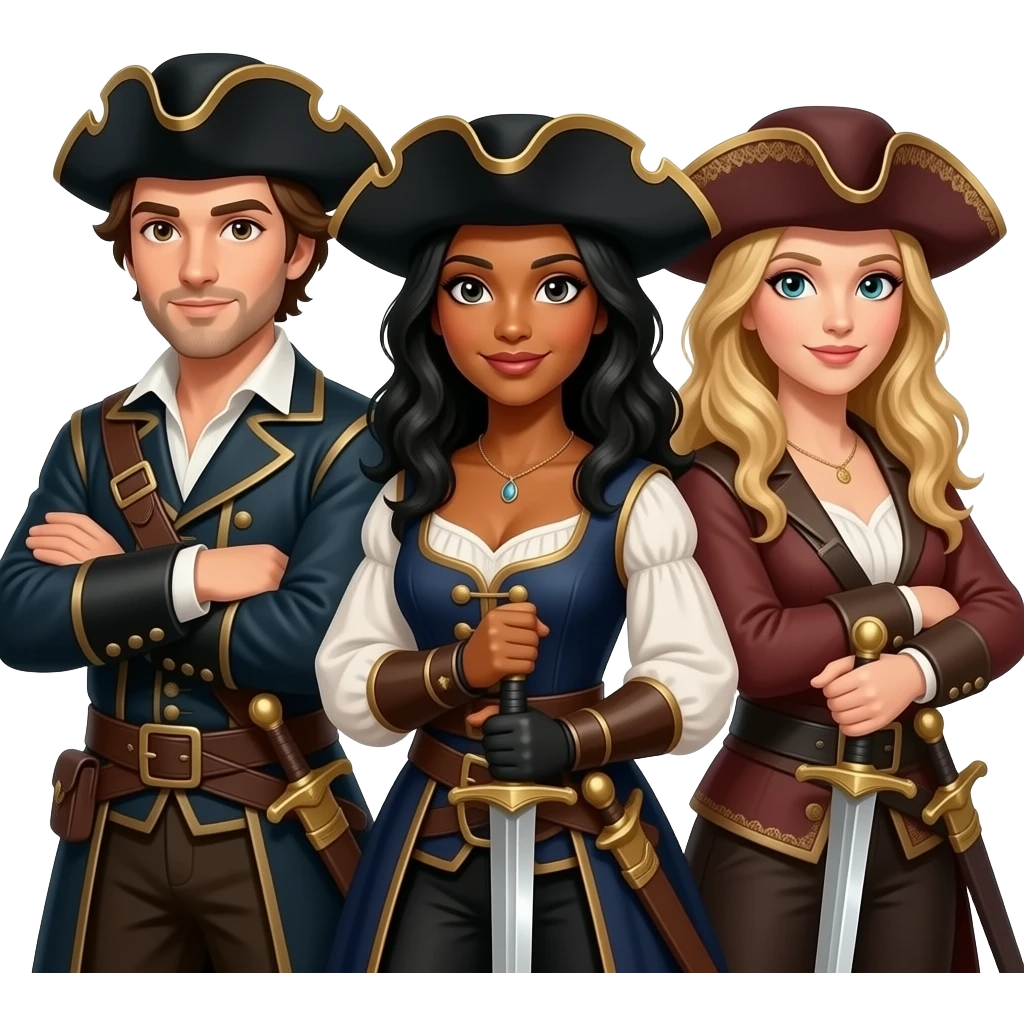 Three musketeers. One guy with brown hair, one girl with black hair and one girl with blond hair. They cross swords and they wear hats. "All for one and one for all" posture. Middle girl has tanned skin and needs a sword too. emoji