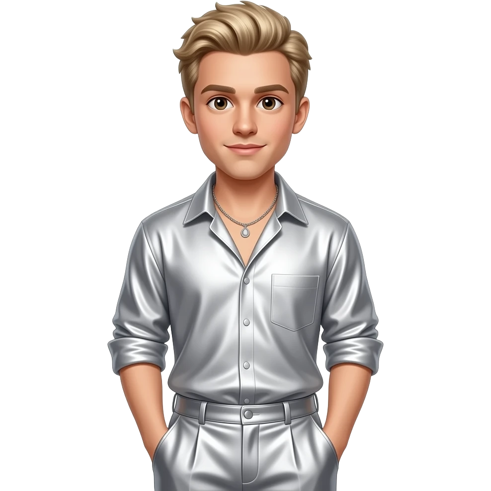 Aaron Carter with brown eyes, blonde hair, silver silk shirt, silver silk baggy pants, necklace emoji