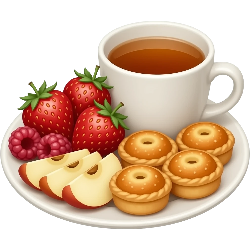 Aesthetic emoji-style illustration of a cozy snack plate for a reader, filled with strawberries, raspberries, sliced apples, small pastries, and a cup of tea, soft pastel colors, sparkles, hearts, bookish vibe, minimal background, kawaii emoji style, no characters emoji