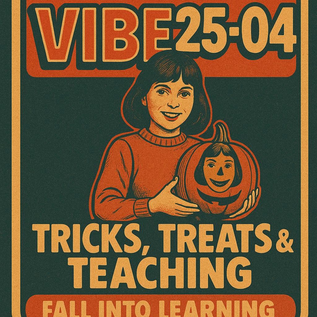 Create a logo that encompasses a retro 80's feel, nostalgic, ALSO RETRO.  Add the words "VIBE25-04: Tricks, Treats & Teaching: Fall Into Learning" emoji