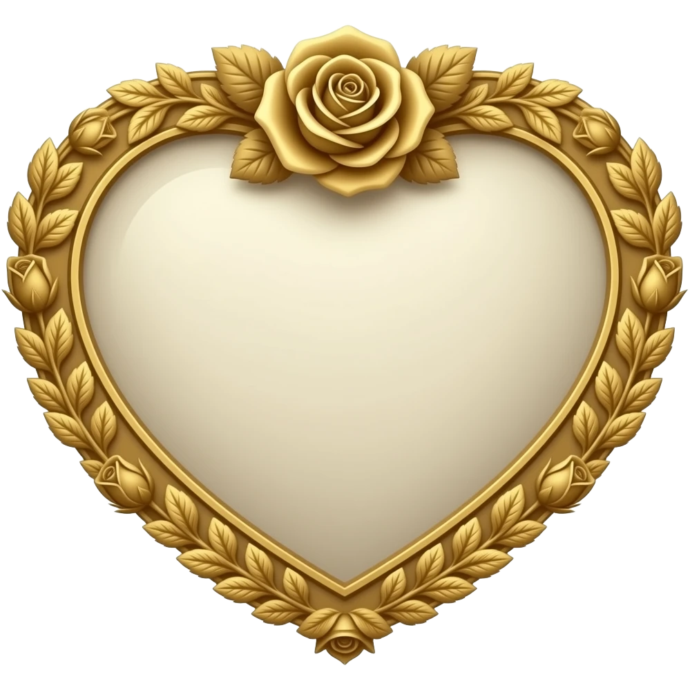 إطار ذهبي كلاسيكي على شكل قلب، مزخرف بنقوش ورود وأوراق شجر بارزة، يتميز بطابع عتيق (فيكتوري) وتفاصيل دقيقة تحيط بمركزه الفارغ. emoji