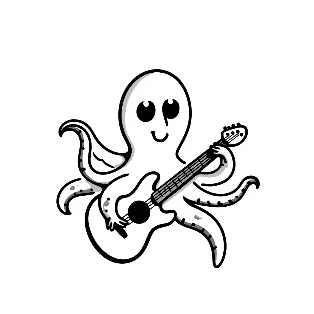 happy octopus with multiple arms playing guitar emoji