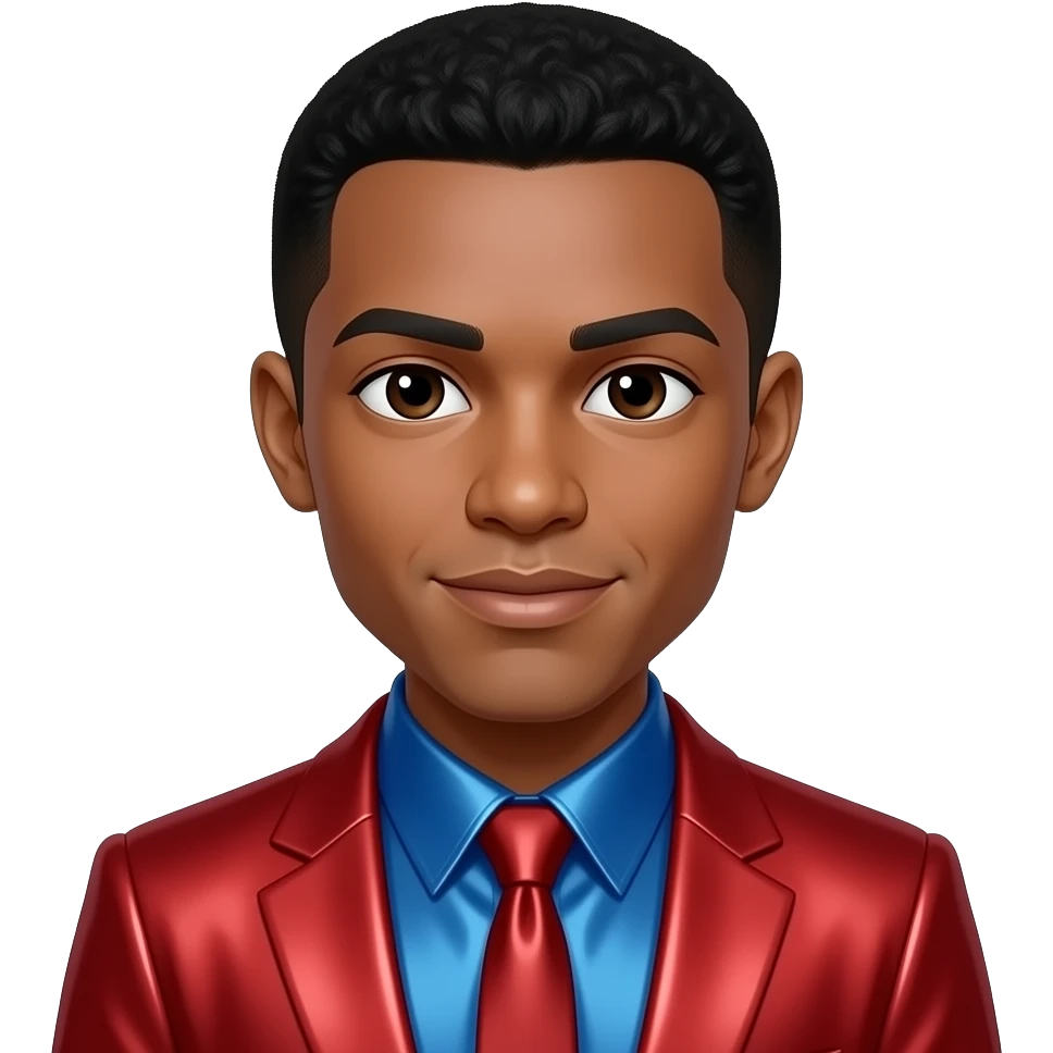 Tevin Campbell with dark brown eyes, 90s short black fade hair, blue metallic shirt, red metallic suit jacket and tie emoji