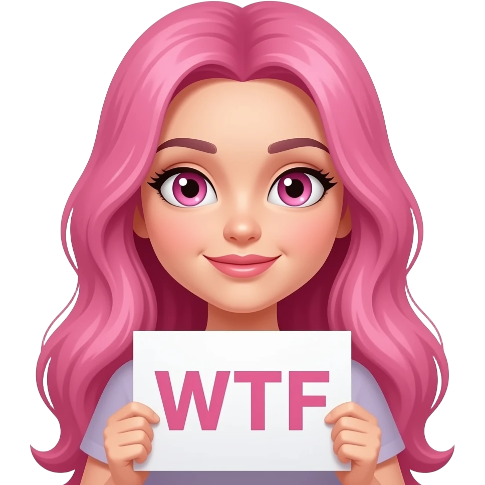 sexy girl with long pink hair and pink eyes wearing a holding a WTF sign emoji