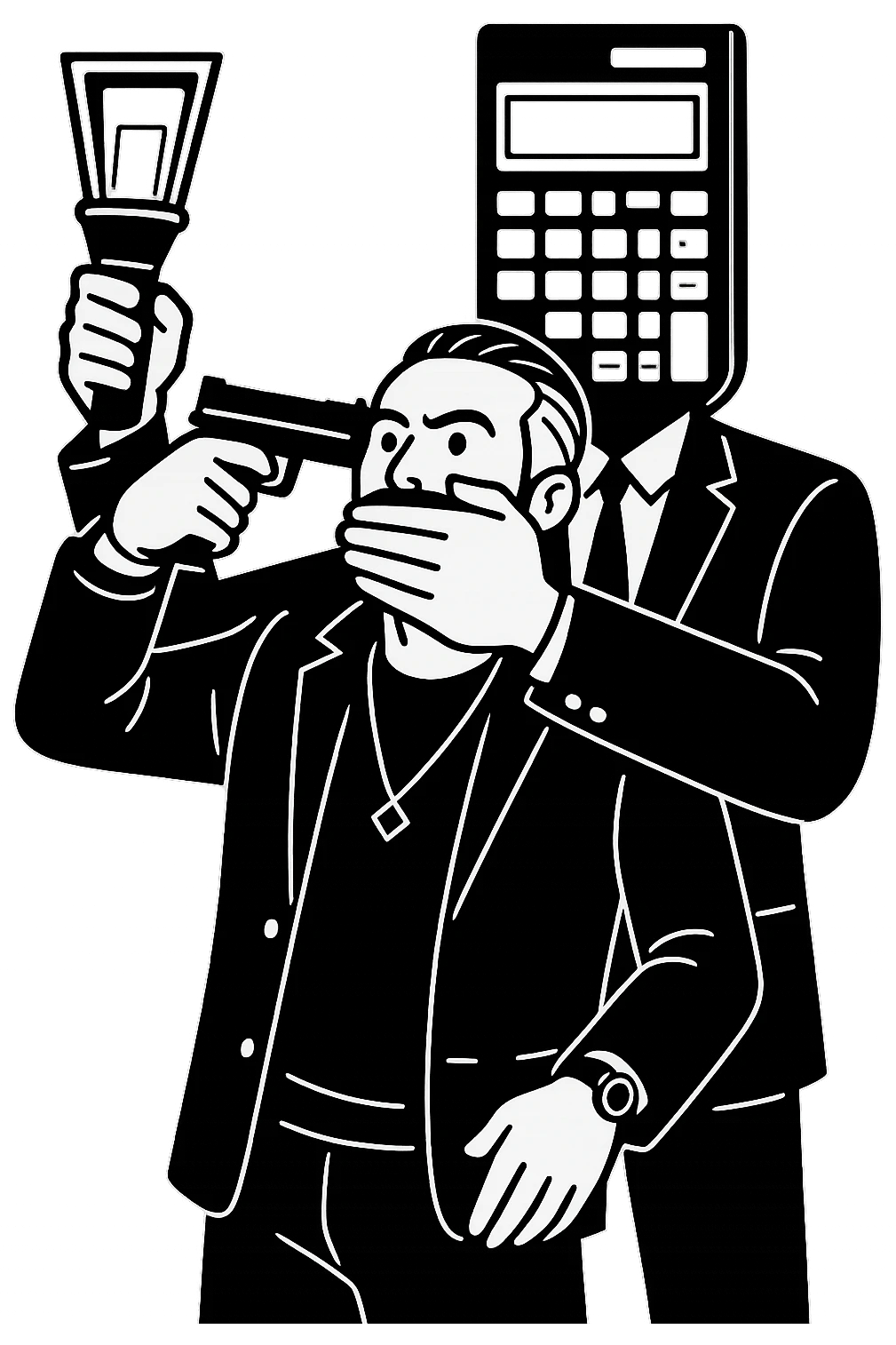 Используя такую стилистику и точно такого же героя, сгенерируй картинку. На ней позади героя стоит фигура в черном костюме, у которой вместо головы калькулятор, она приставила к виску героя пистолет, а другой рукой закрывает рот героя, прозрачный фон emoji