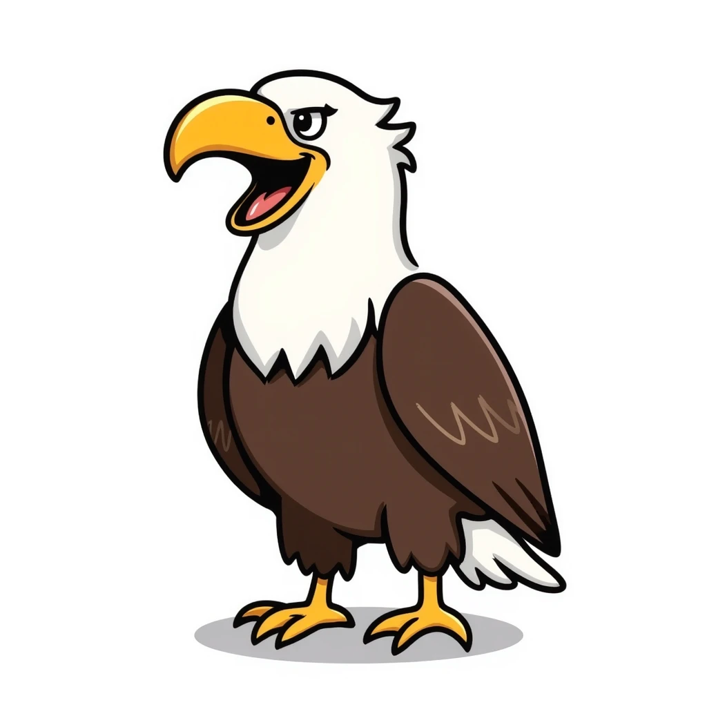 cartoon bald eagle with open beak from front view, white head, yellow beak, brown body emoji