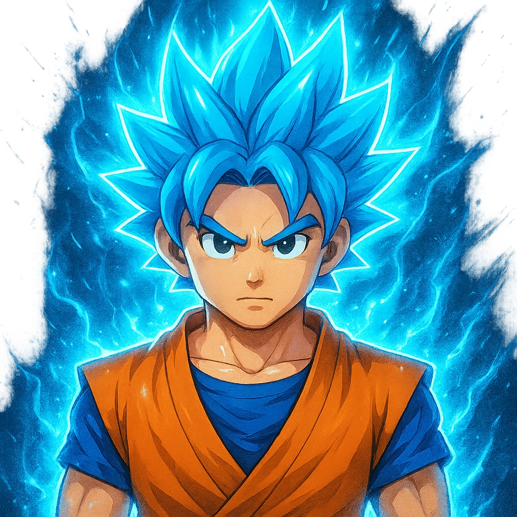 Add a glowing blue power-up aura around the spiky-haired anime hero. Keep the background transparent. The style should resemble a vibrant anime illustration with dynamic blue glowing effects around the character's hair and body. emoji
