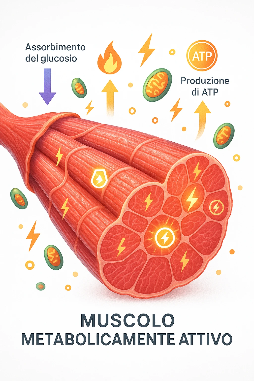 a highly detailed cross-section of human skeletal muscle fibers, shown in vibrant red and pink tones, with visible striations and realistic texture. Glowing arrows and animated icons represent active metabolic processes—such as glucose uptake, fat oxidation, and ATP production—occurring within the muscle tissue. Surrounding the muscle, floating symbols for mitochondria and energy highlight its metabolic activity. The background is clean and clinical, with subtle labels and infographics explaining that muscle is a metabolically active tissue. The overall style is modern, scientific, and visually engaging, suitable for educational or medical use. in italiano emoji