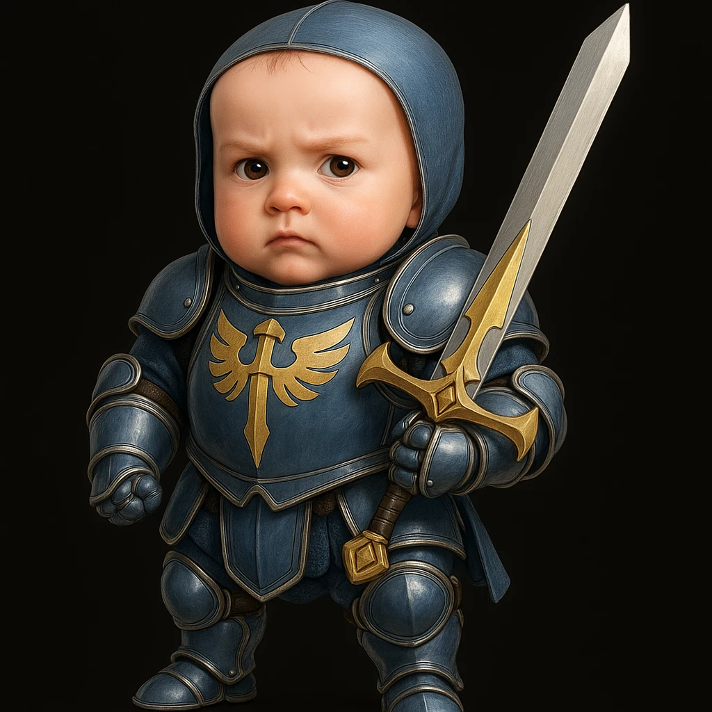 Add a bold Demacian crest to the shiny blue and silver plate armor and sword of the baby warrior, keeping the noble knightly appearance, in a style that matches the original image's cute and noble baby knight appearance. emoji