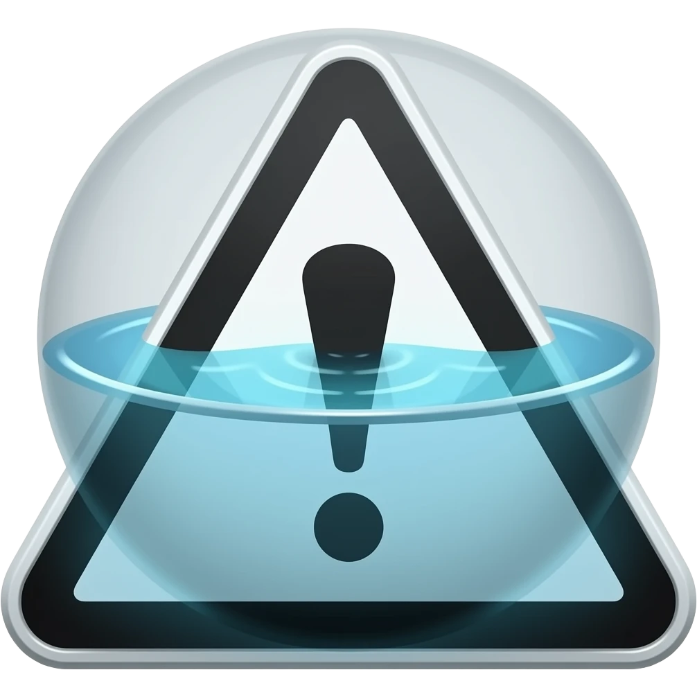 A detailed photograph of a clean white triangular warning sign with a black border, featuring a sphere half-submerged in clear water.
The black liquid from the sphere creates defined drips and pools on the white sign's surface, set against a dark background. emoji
