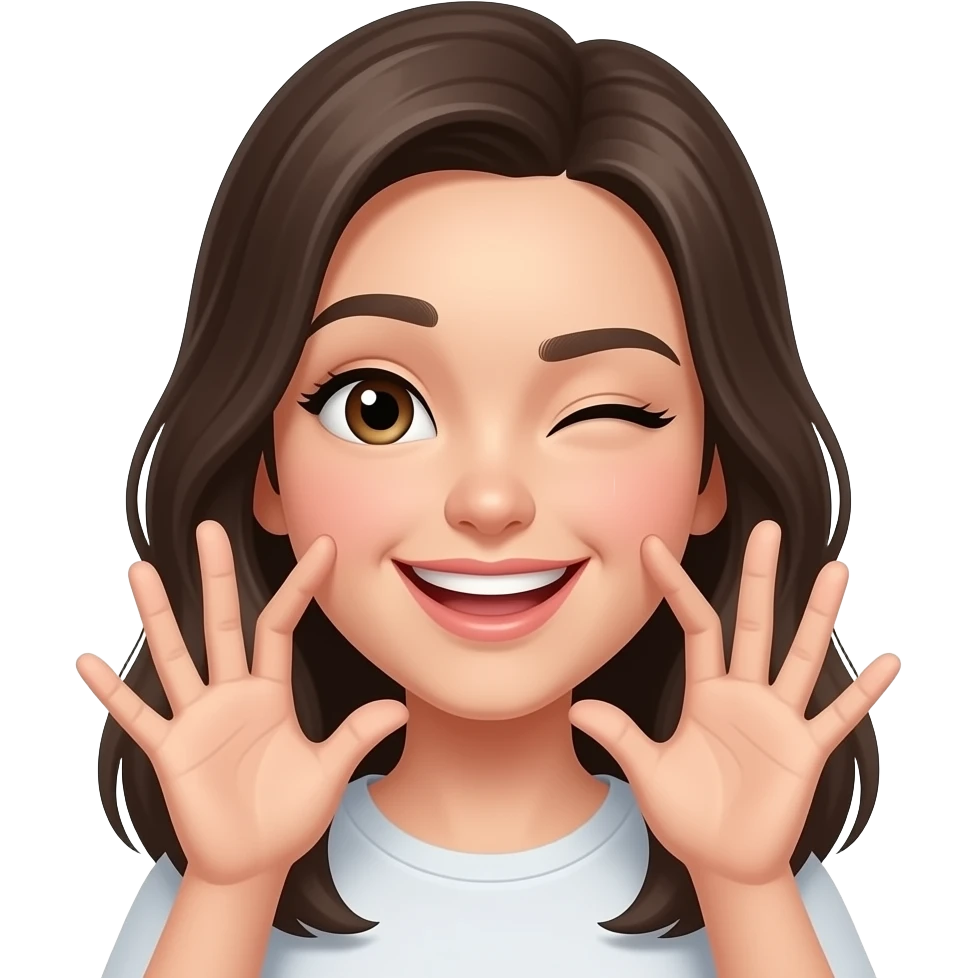 an anime-style girl smiling and winking, both hands near the face, index, middle, and ring fingers extended on each hand emoji