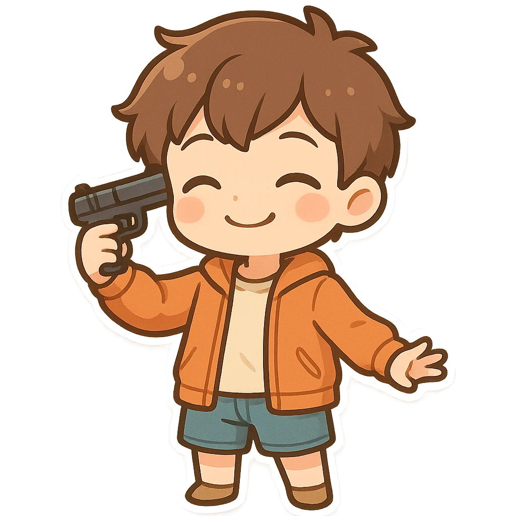 Young boy in shorts and an orange jacket with a gun to his own head, smiling emoji
