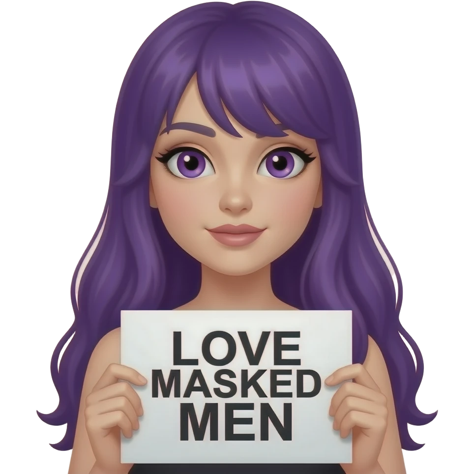 sexy girl with long purple hair and purple eyes holding a LOVE MASKED MEN sign emoji