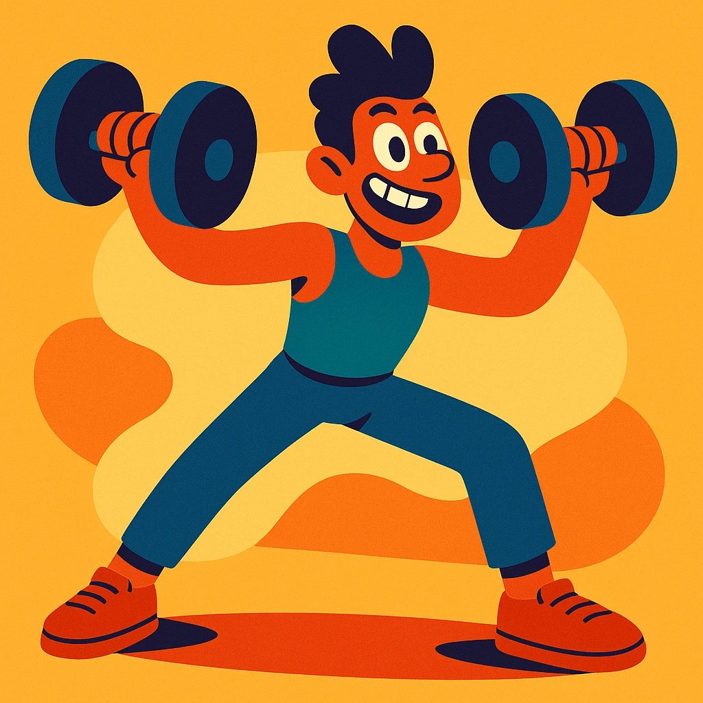 cartoon style energetic person doing dumbbell fly with dumbbells, mid-rep, dynamic pose emoji