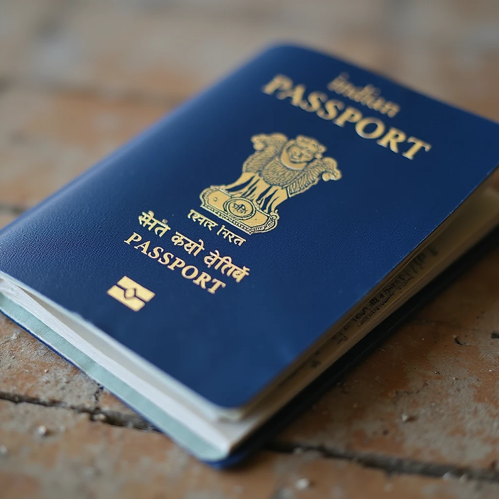 realistic Indian passport, blue cover with gold emblem, closed, on a white background emoji