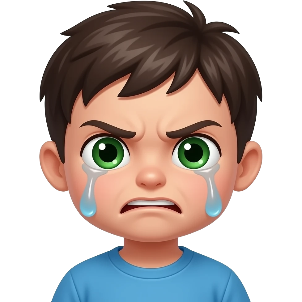 Little slim dark haïr boy with green eyes fleshes with very angry face, crying emoji