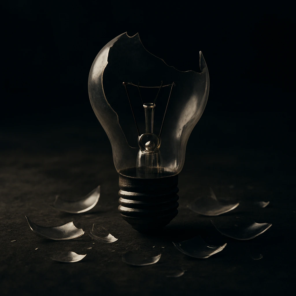 a broken lightbulb with exposed filament and scattered glass, moody atmosphere emoji