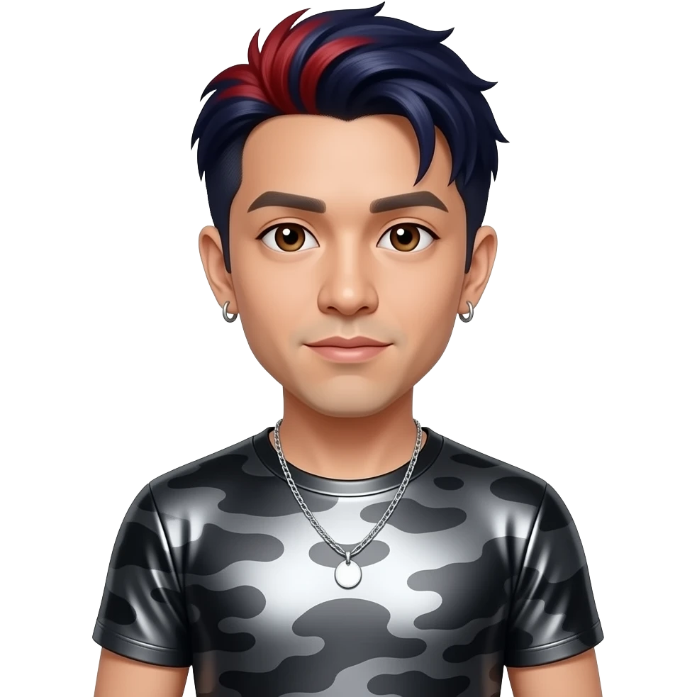 Mike Shinoda with brown eyes, dark indigo hair with red highlights, black metallic t-shirt, camouflage metallic wide leg pants, silver necklace and short earrings emoji