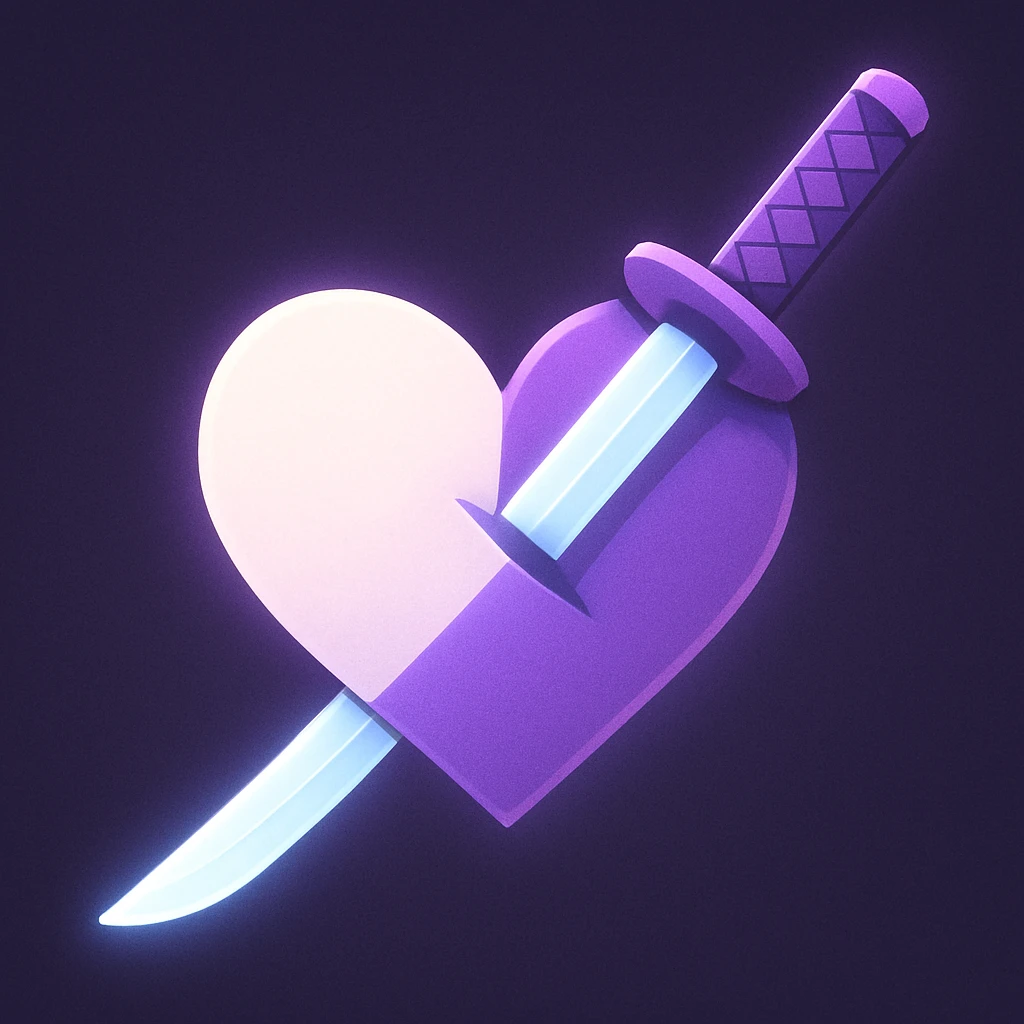 A stylized katana piercing through a heart, heart divided diagonally (white/purple), clean graphic style, soft contours, luminous effect on the blade, aesthetic and harmonious rendering. emoji