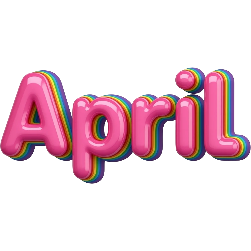 name "april" in hot pink, 3D style typography lettering, each color of the rainbow as a border outlined around each letter, isolated, 3d rendering, no emoji icons no emoji faces and must have no human figures emoji