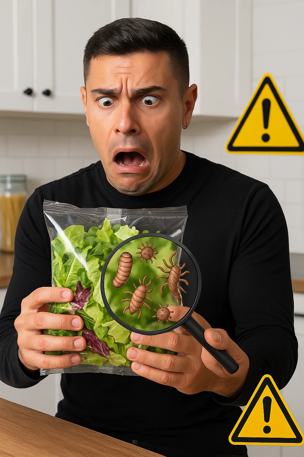 a man holds a bag of salad with both hands, his face frozen in shock as he looks at the contents. Inside the bag, exaggerated but realistic depictions of parasites and bacteria are visible, some highlighted with a magnifying glass overlay. The background is a clean kitchen, and a warning sign appears in the corner to reinforce the message about food safety. emoji