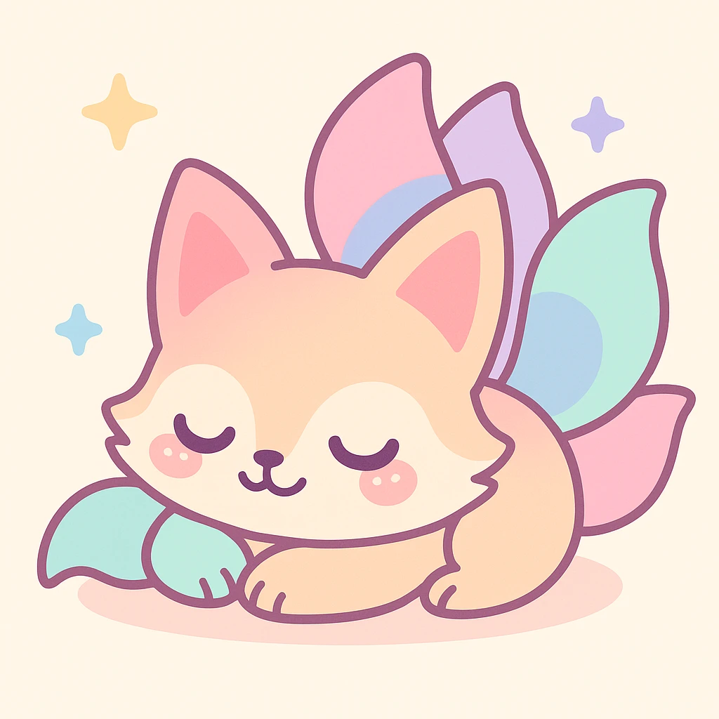 sleeping kitsune with multiple tails, cozy and cute, cartoon style emoji