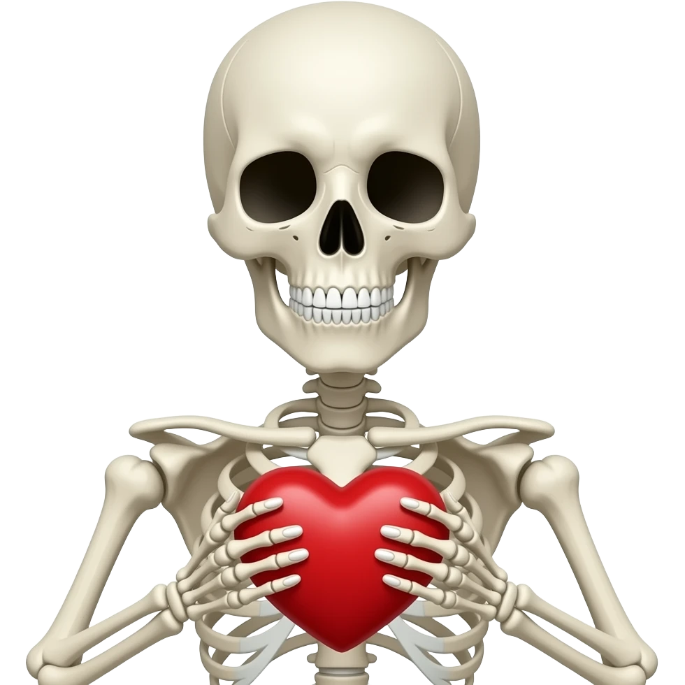 Esqueleto sosteniendo con sus dos manos un corazón emoji