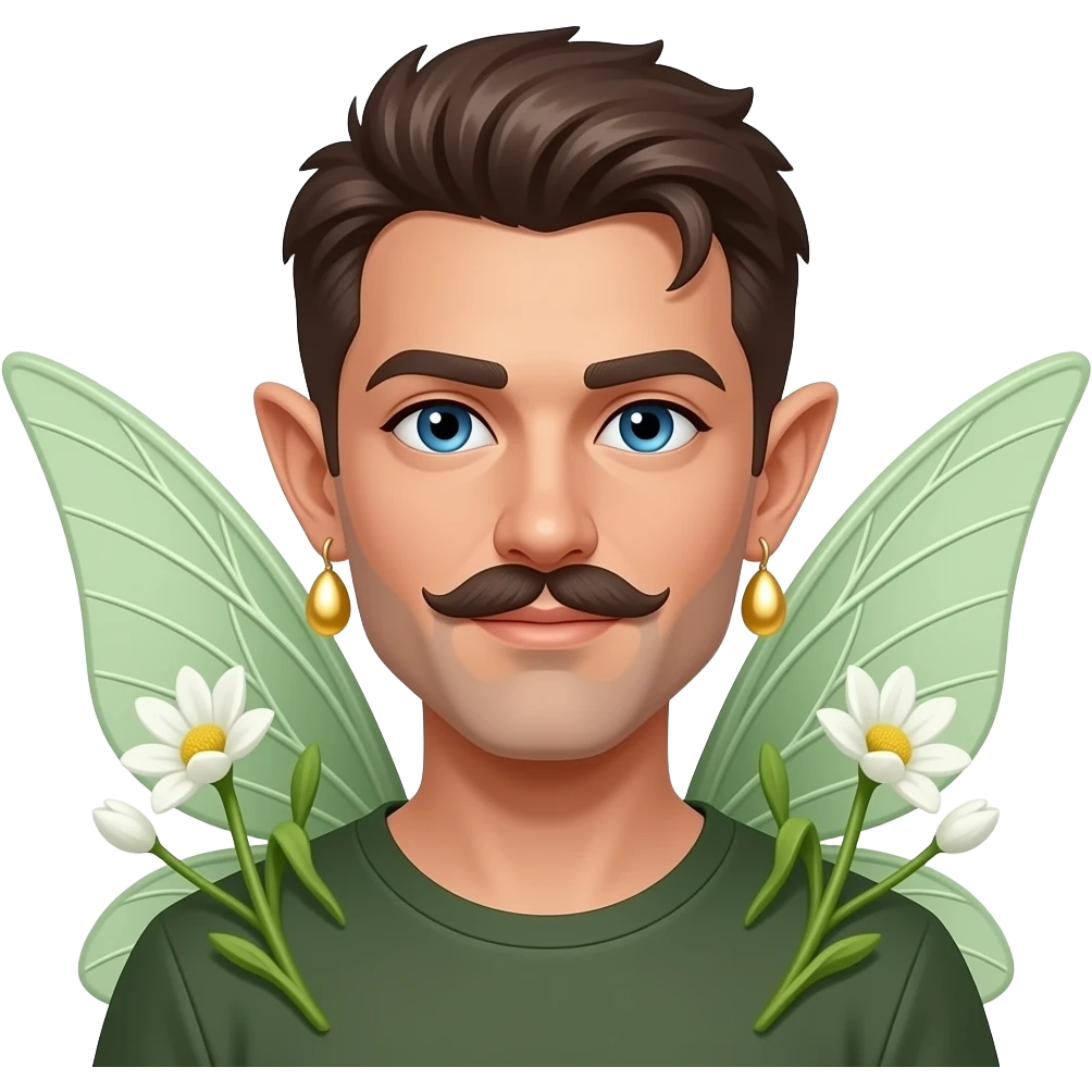 fairy face , man, fairy wings sticking out behind shoulders, and big earrings and only mustache emoji