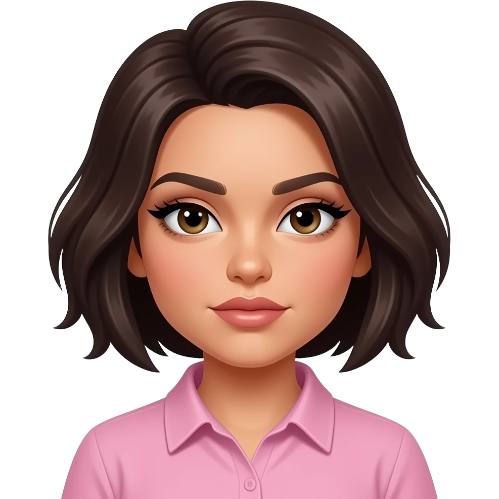 Emo Latina girl with volumized short dark brown hair swept In a side part, intense eyeliner and lashes, and pink shirt emoji