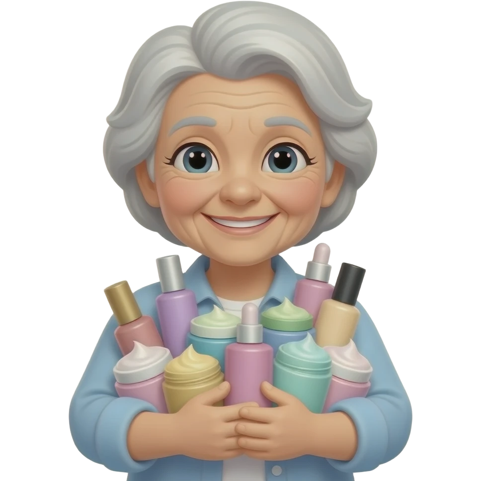 elderly woman hugging many pastel cosmetic cream jars emoji