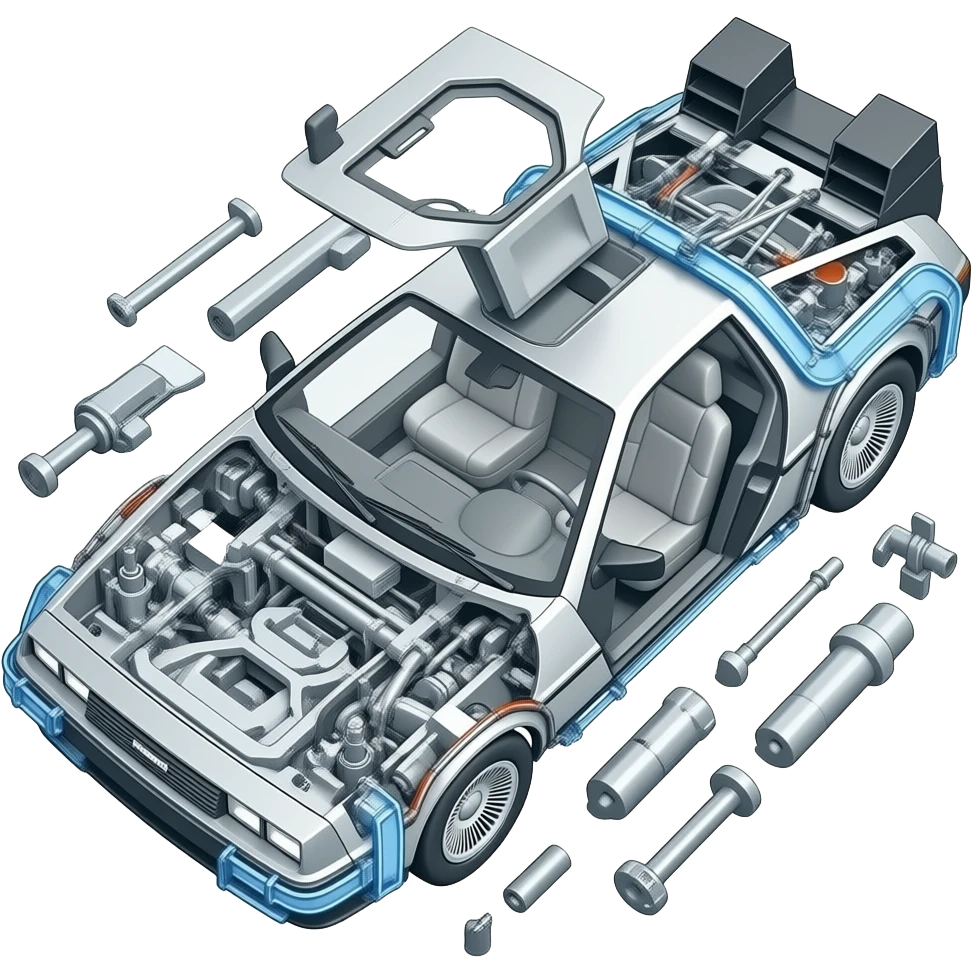 a blueprint sheet for the assembly of a delorean car emoji