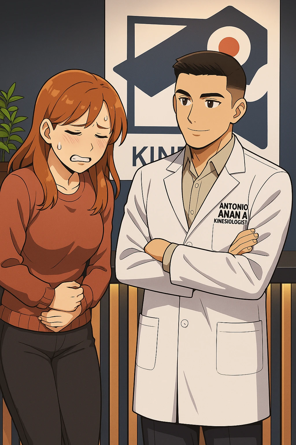 su questo stile fai un manga/webtoon a colori in cui una donna si lamenta che sta male e ha mal di pancia, l'uomo della foto in stile manga gli risponde, mantieni un ambiente simile alla foto che ho allegato con il suo logo (sarebbe il suo studio, lui è un kinesiologo), scrivigli "ANTONIO ANANIA" sul camice bianco, non mettere fumetti, ma fai in modo che sembri che la donna chiede una cosa e l'uomo risponde alla sua domanda emoji