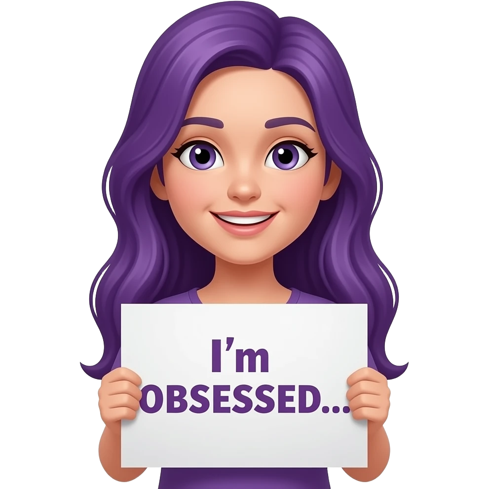 girl with long purple hair with a I'm OBSESSED... sign emoji