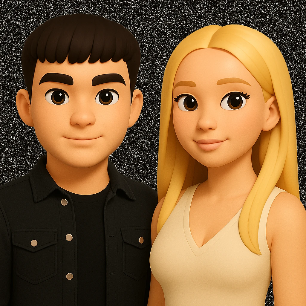 Slightly increase the volume of the upper body of the girl, spread them far apart from each other, make the skin color the same for both characters, while preserving the cartoonish 3D style as in the reference image. emoji