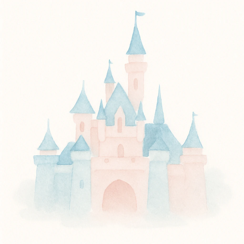Disneyland castle, watercolor art style, soft edges, whimsical, light blue and pink emoji