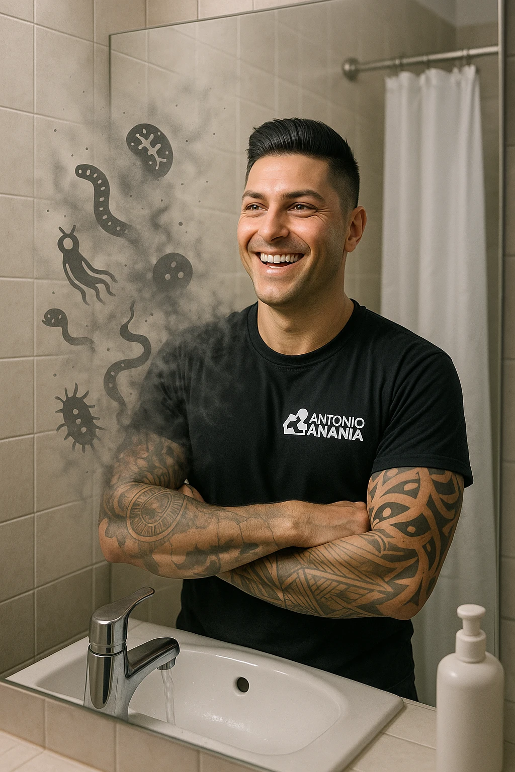 a man stands in a brightly lit bathroom, looking relieved and revitalized as he examines his reflection in the mirror. In the foreground, stylized, shadowy images of parasites (such as worms or protozoa) are shown leaving his body, dissolving into mist or fading away. His posture is upright and his expression is one of newfound energy and health. emoji