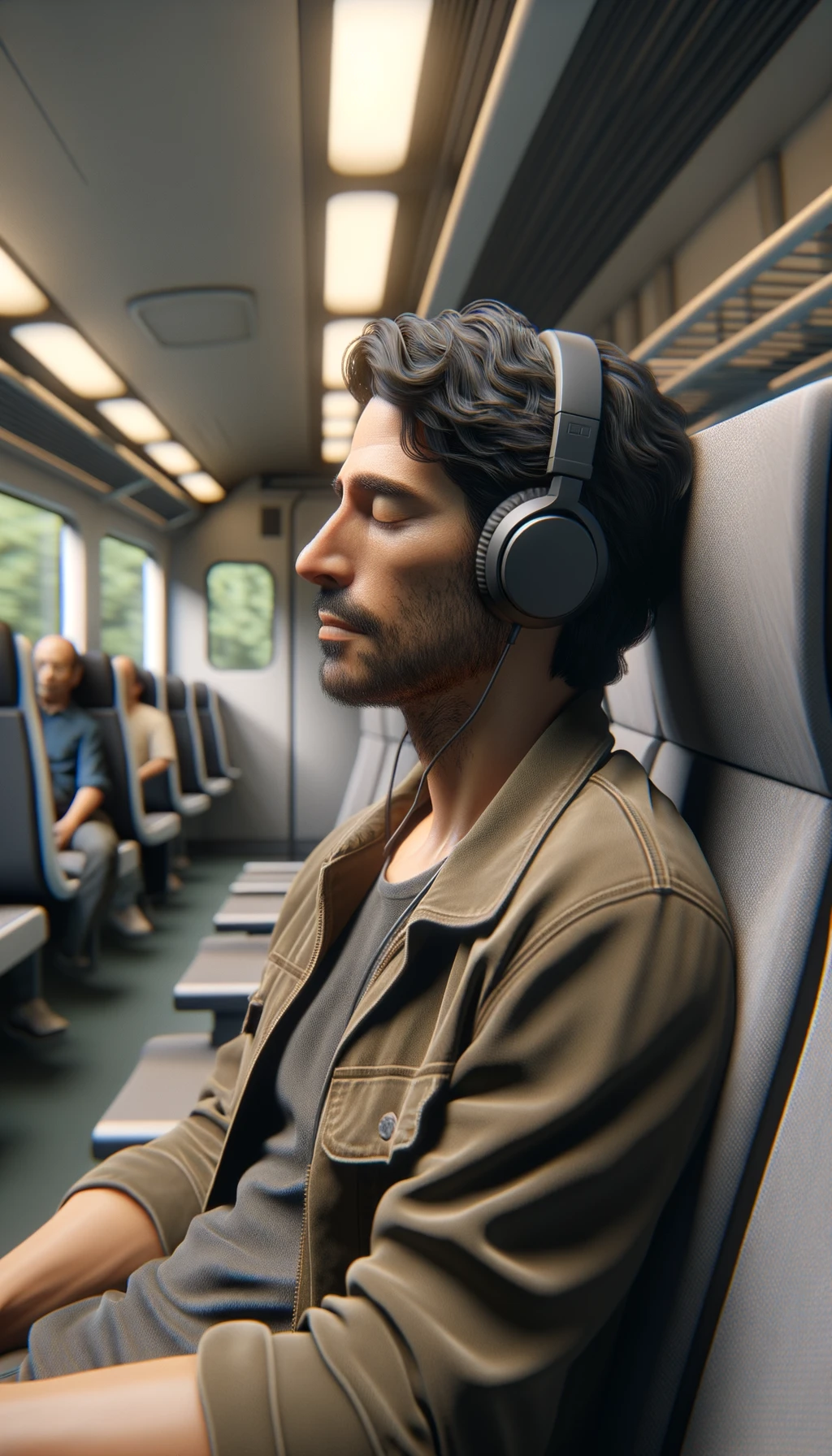 UOMO che ASCOLTA MUSICA CON LE CUFFIETTE NELLE ORECCHIE E GLI OCCHI CHIUSI SEDUTO SUL SEDILE DI UN TRENO, sullo sfondo L'INTERNO DELLA CABINA DI UN TRENO con toni chiari neutri, iperrealistico 4k emoji