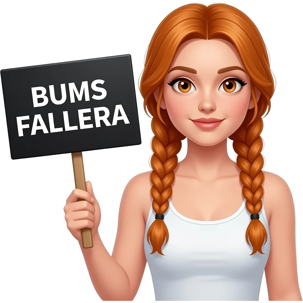 sexy girl with long ginger braids and ginger eyes wearing a white tanktop is holding a black sign with BUMS FALLERA written on it emoji