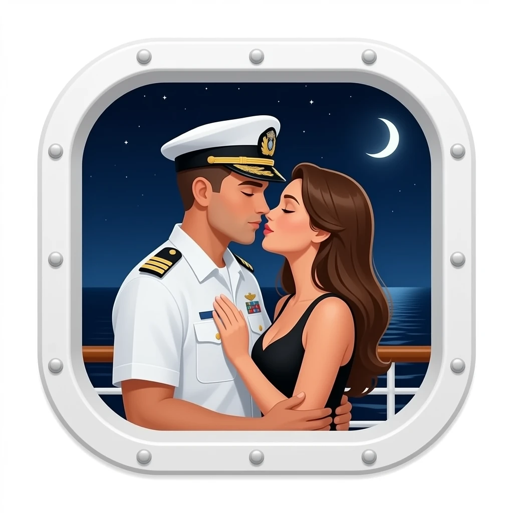 Cruise ship Porthole with male naval officer and female dressed in black making love emoji