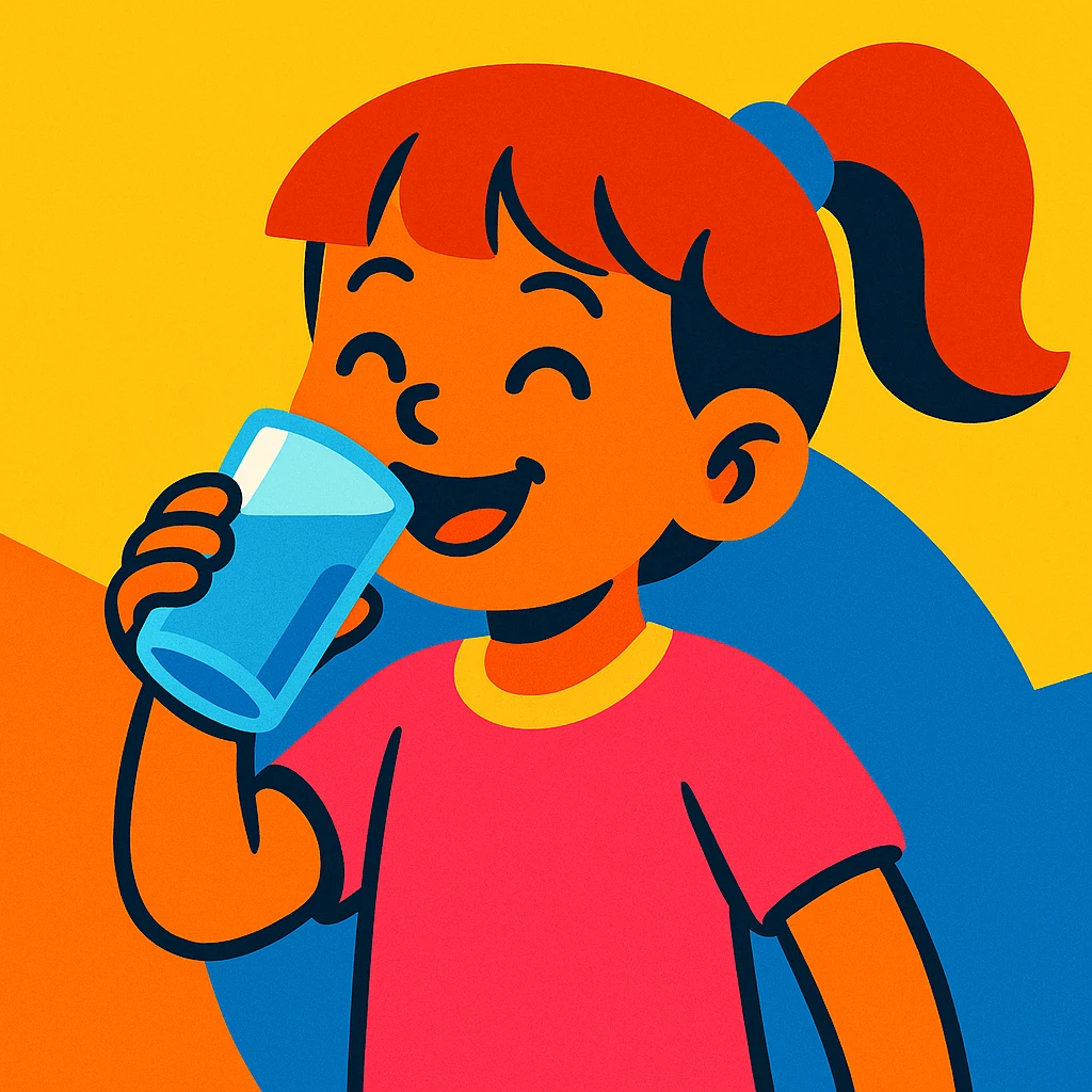 girl drinking water, colorful, cheerful emoji