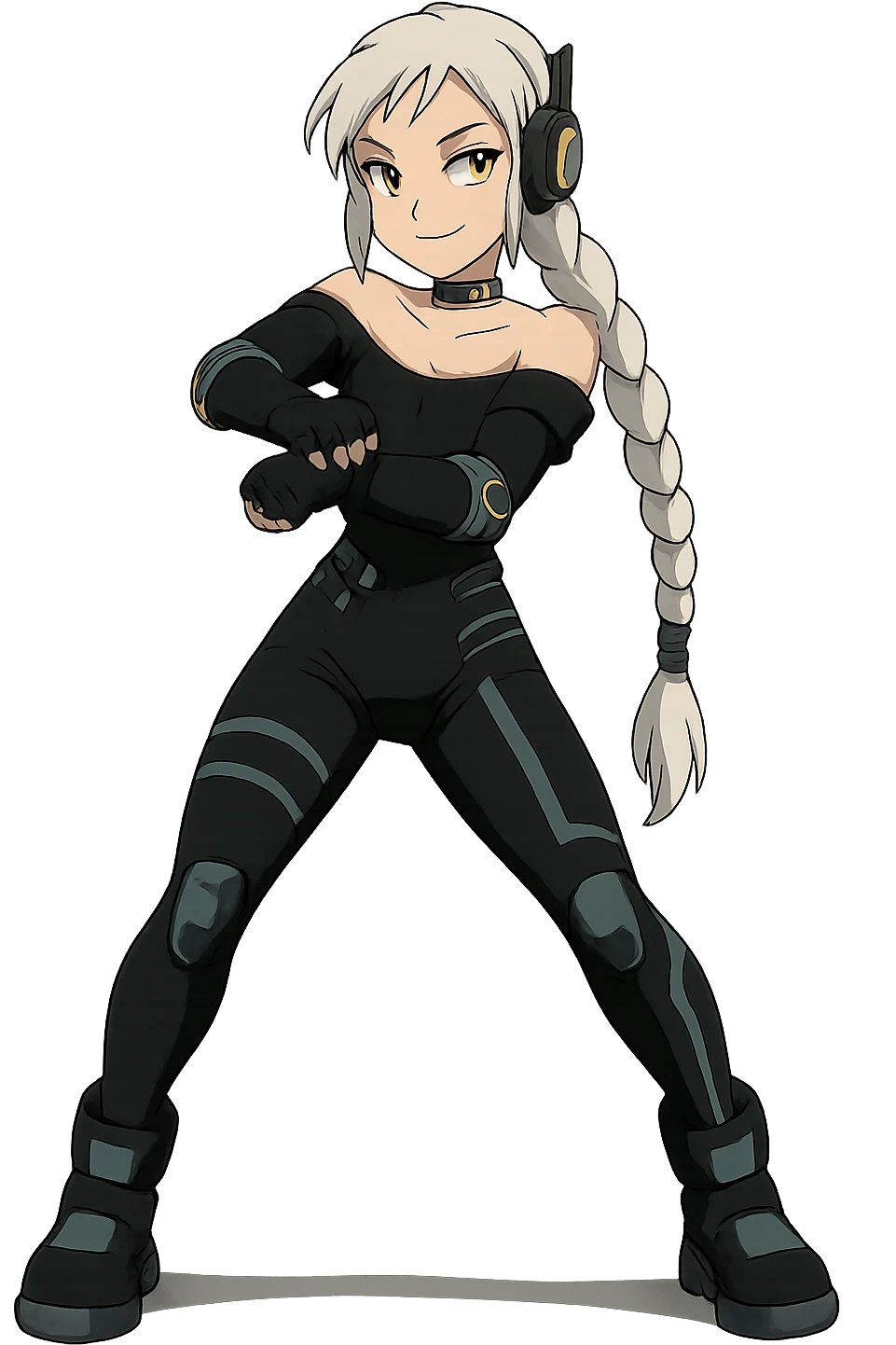 1 female, gold yellow eyes, long white braid, black off shoulder top, futurepunk cybergoth doing “oppa gangnam style”  dance emoji