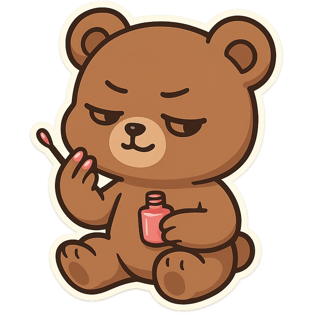 A brown bear paints his own pink nail polish, with a smug expression and a haughty attitude emoji
