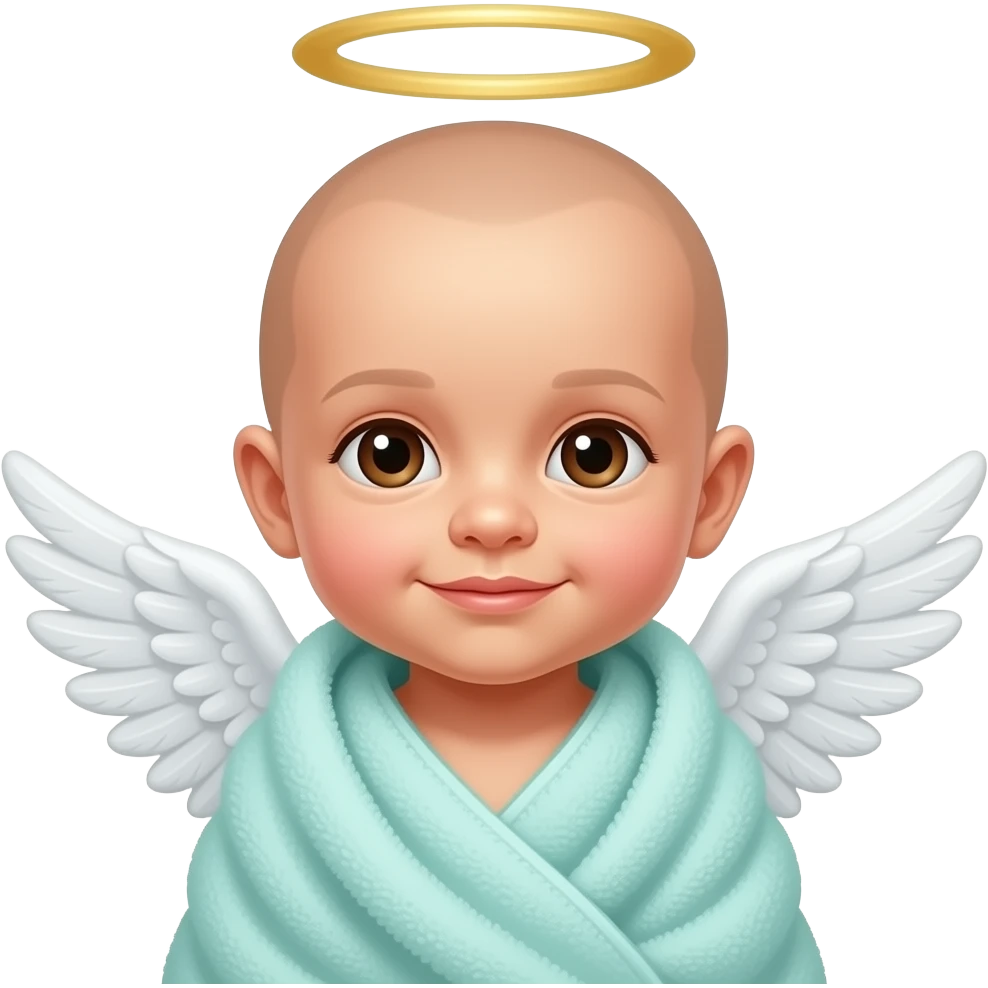 Newborn baby boy wrapped in an aqua towel with halo and angel wings with no hair with brown eyes emoji