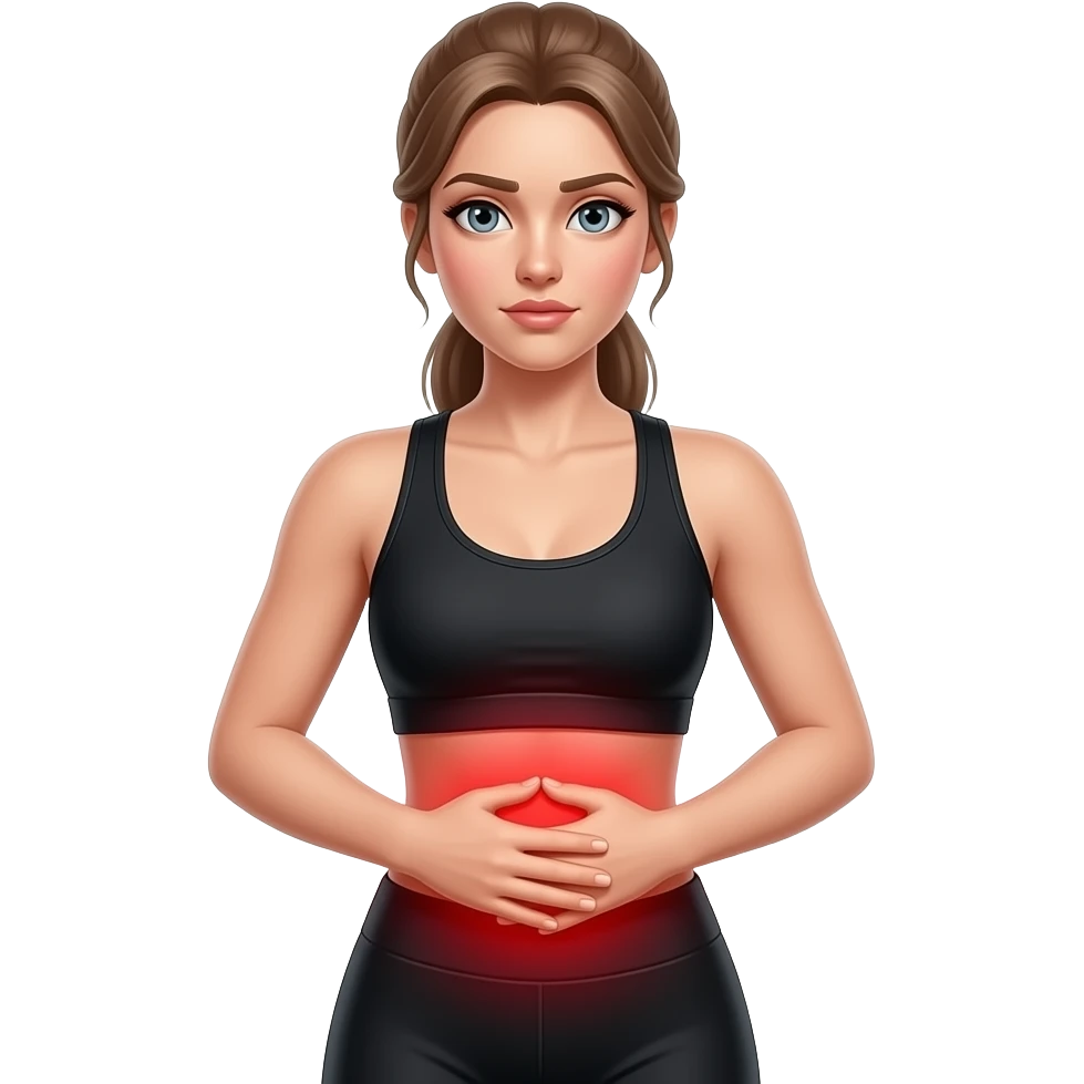 core pain, full red glow covering the entire abdominal and waist area, woman holding her abdomen, fair-skinned woman, gray-blue eyes, ash brown brows, ash light brown hair tied back, slim athletic body, black workout set emoji