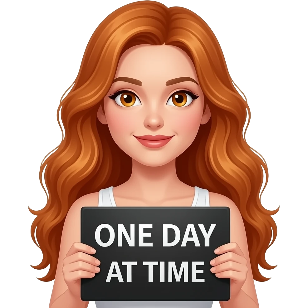sexy girl with long ginger hair and ginger eyes wearing a white tanktop is holding a black sign with ONE DAY at a TIME written on it emoji