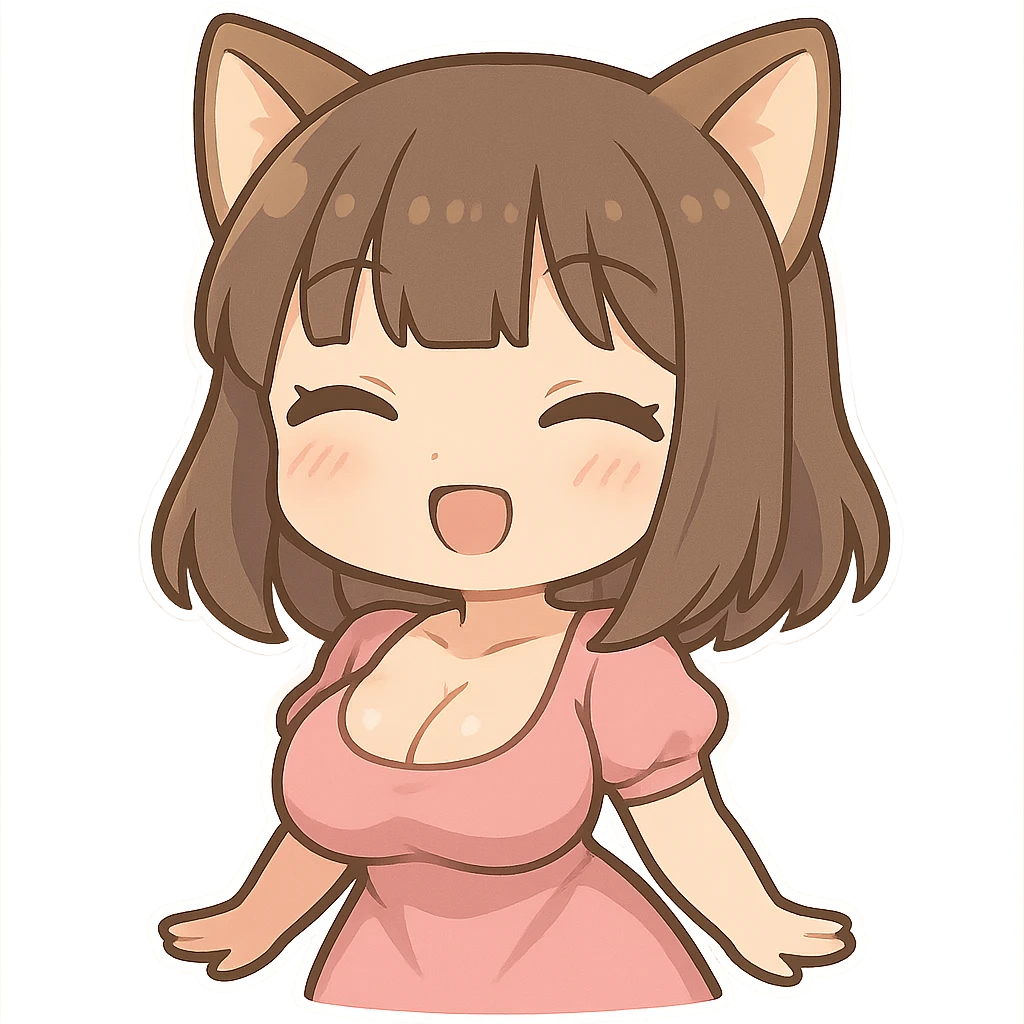 asian girl with cat ears, brown hair with blunt bangs, pink dress, very busty, chibi style emoji