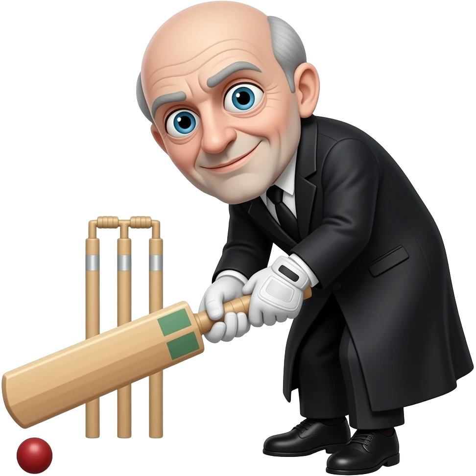adams family Uncle fester playing cricket, bald head, big eyes must look like uncle fester wearing his black robe emoji