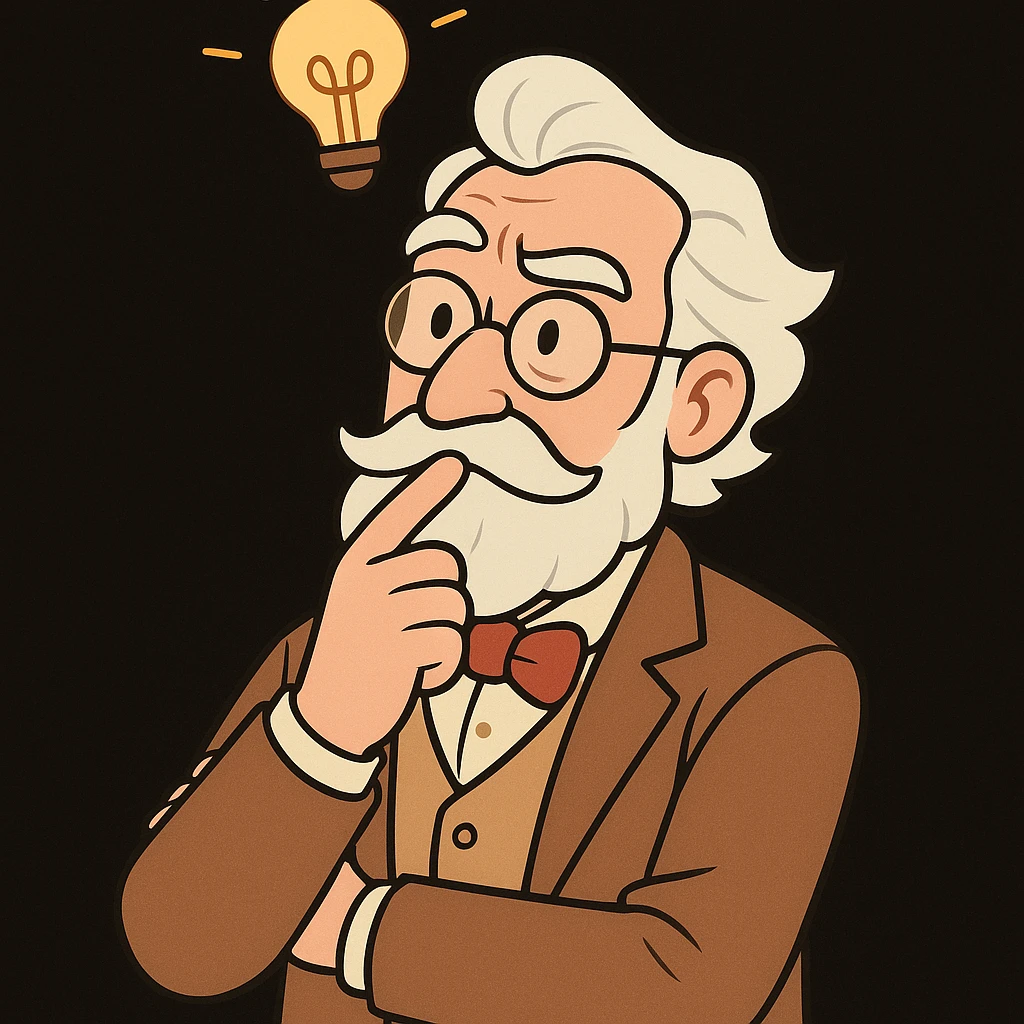 cartoon style wise gentleman brainstorming with a light bulb above his head to represent thinking, deepest black background, modern and playful look emoji